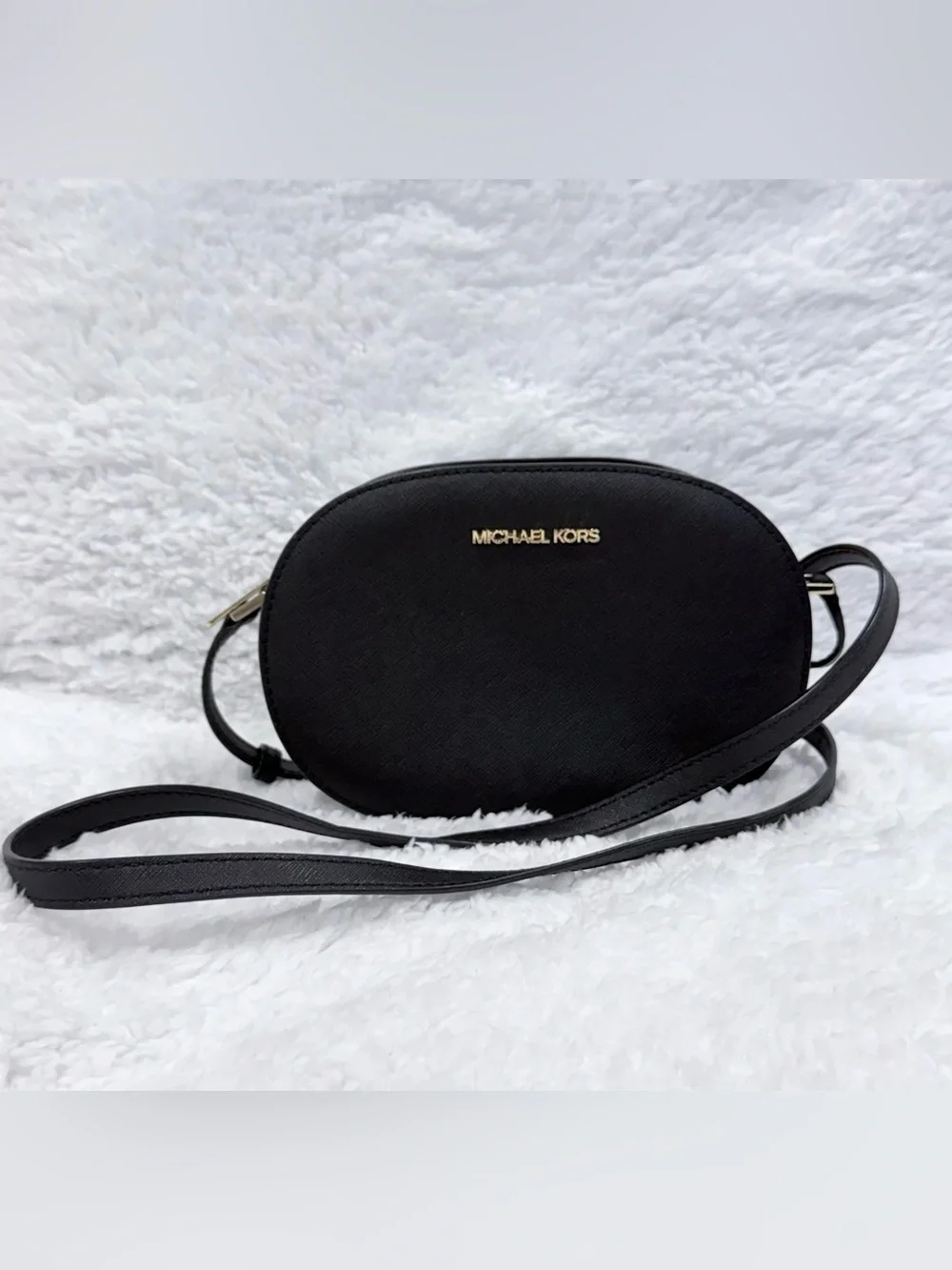 Michael Kors Black Oval Saffiano Crossbody with Gold Logo